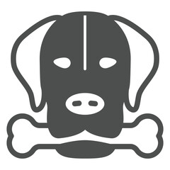Dog holding bone in mouth solid icon, pet care concept. Vector graphics. Dog head with bone sign on white background, glyph style icon for mobile or web design.