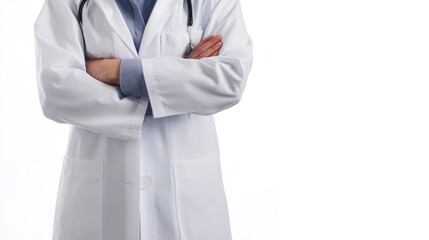 Confident medical professional in white coat with stethoscope on white background. Design template, print presentation mockup, empty