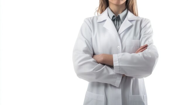 Confident female doctor with arms crossed in white coat on white background. Design template, print presentation mockup, empty