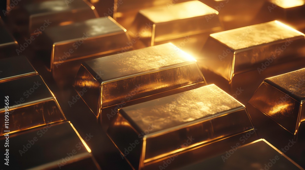 Poster close-up of shiny gold bars arranged in rows, illuminated by warm sunlight.