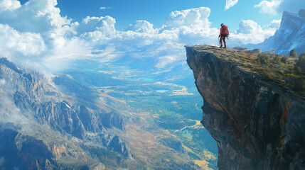 Rescuer scaling a cliff as clouds drift over the majestic mountains in bright sunlight