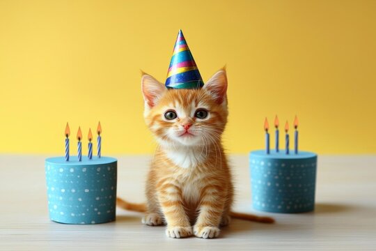 a cute cat on yellow background, birthday card , isolated on white background,  , copy space, copy space for text,