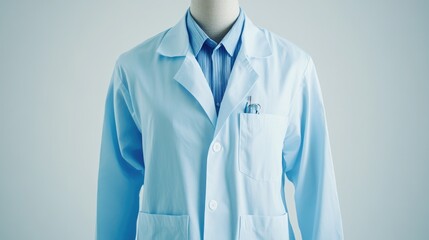 Professional medical attire featuring lab coat with blue shirt and pen. Design template, print presentation mockup, empty