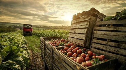 Fresh vegetable crates being loaded onto a delivery vehicle at an organic farm.