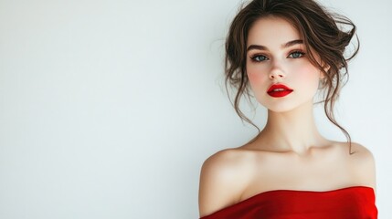Elegant woman in red dress with bold makeup and stylish hair against white background. Skin care concept, beauty photography, fashion, beauty and make up portrait