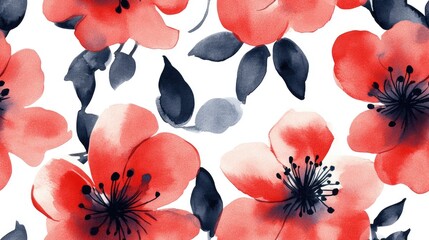 Seamless pattern of vibrant red flowers rendered in ink and watercolor on a clean white background ideal for textile design and home decor