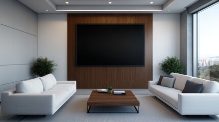 Fototapeta premium Modern Living Room with Large TV and Minimalist Furniture Design