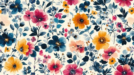 Seamless watercolor flower pattern with vibrant colors perfect for fabric and wrapping paper design