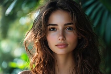 Fototapeta premium Radiant Brunette Portrait Sunlit Leaves, Candid Eyes