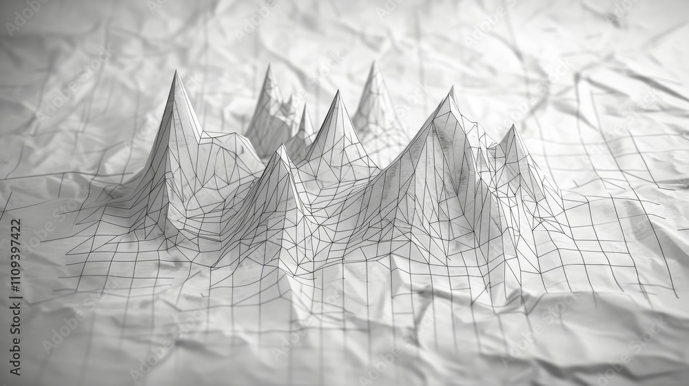 Poster 3d render of a wireframe mountain landscape on a crumpled paper background, ideal for themes of data