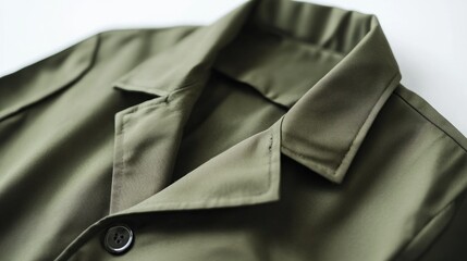 Close-up of stylish olive green jacket collar. Design template, print presentation mockup, empty
