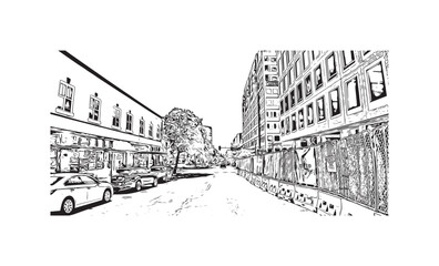 Print Building view with landmark of Vancouver is the city in USA. Hand drawn sketch illustration in vector.