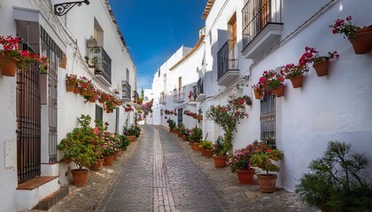 alleyway with flowerpots and brillianty whitewashed houses in the hilltop town of vejer de la frontera cadiz province andalusia spain europe