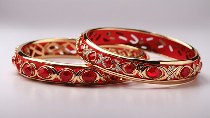 Two red bangles, layered, with gold filigree detailing.

