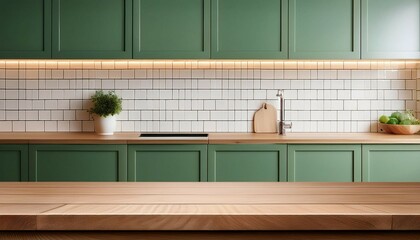 wooden table top countertop in modern minimal design kitchen with khaki green cabinet cupboard with white square tile splashback wall for cooking dining and household product display background