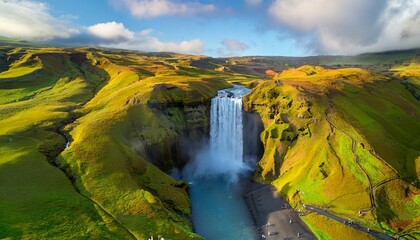 aerial view skogafoss waterfall skogar sudurland southern iceland iceland europe