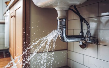 A photo of water spraying out of a cracked pipe under a kitchen sink.