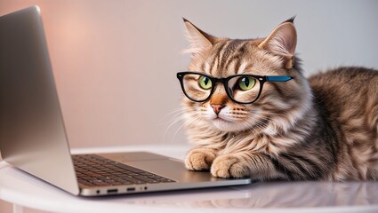 A charming cat with glasses engaging with a laptop on a table.