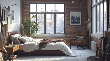 Cozy bedroom with a warm, inviting atmosphere. Sunlight streams through large windows overlooking a snowy cityscape.