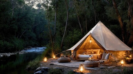 Bohemian glamping setup by a river, with soft lighting and nature views, perfect for a peaceful stay