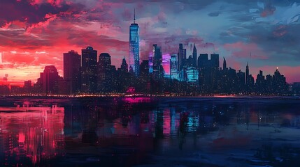 Naklejka premium Vibrant city skyline at sunset, reflected in calm waters. Pink and blue hues dominate the scene.