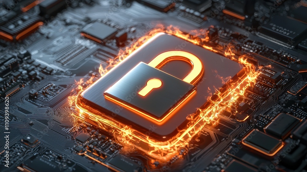 Poster digital cybersecurity concept with an illuminated lock symbol on a circuit board background.