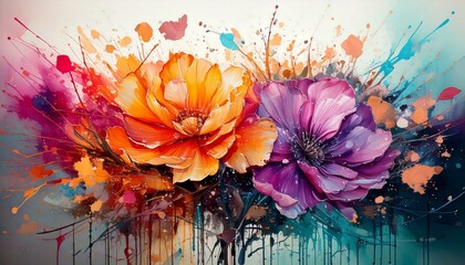Abstract blooming flowers with splashes of watercolor paint for an artistic touch.