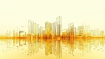 Fototapeta premium Abstract depiction of a city skyline in warm golden tones with reflective surfaces, showcasing architectural outlines and a futuristic aesthetic. AI generated.