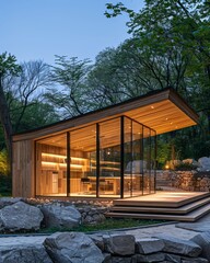 Fototapeta premium Stylish modern villa with glass design for luxury glamping amidst the serene night forest