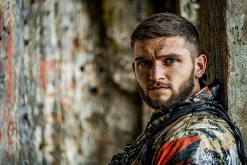 Man in camo leans on wall with intense gaze, rugged look.