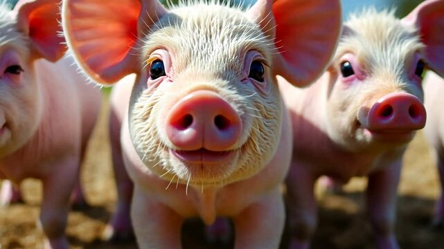 Closeup of young baby piglets outdoors with bokeh background