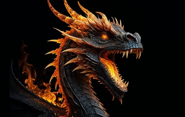 Fiery dragon head roaring, detailed scales and flames against black background.