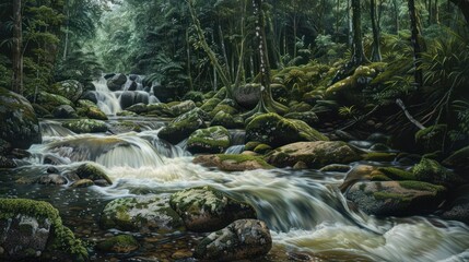A serene forest scene with cascading waterfalls flowing over mossy rocks, surrounded by lush greenery and sunlight filtering through the trees. The water reflects vibrant colors and fish swim below.