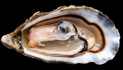 Naklejka premium one oyster isolated on black background macro shot of open fresh french fine de claire oyster gourmet food seafood macro shot vertical image from above top view