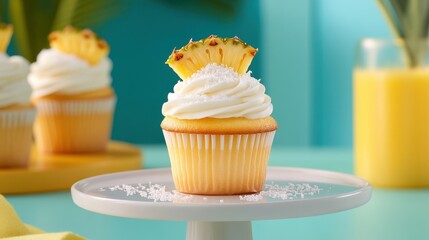 Delightful Tropical Cupcake with Pineapple and Coconut Topping on a Stylish Cake Stand Surrounded by Fresh Ingredients and Cheerful Background