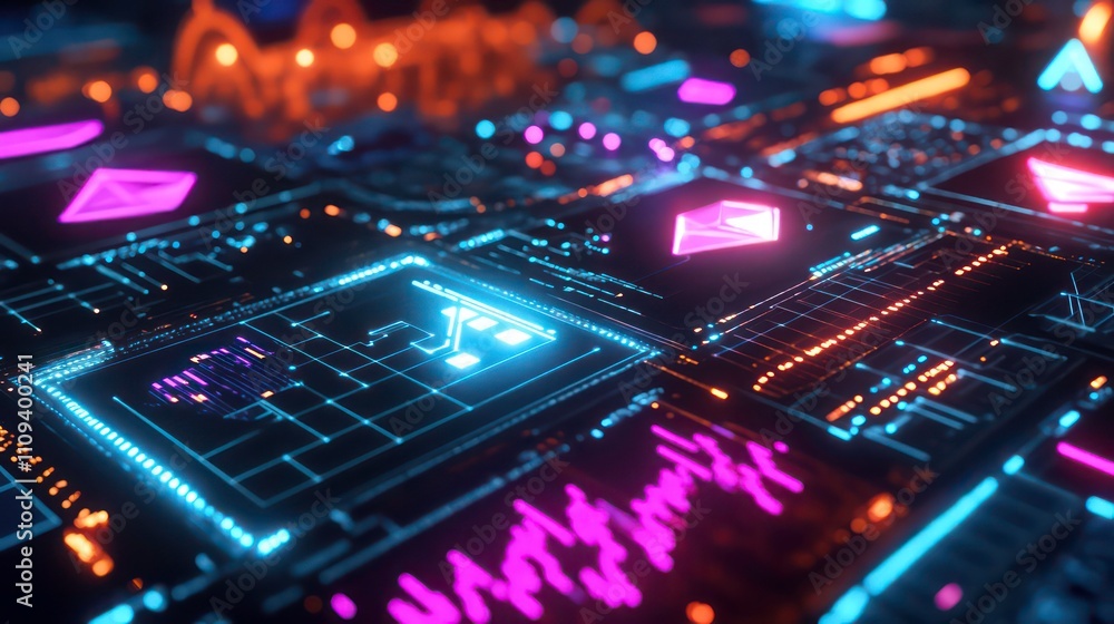 Poster Abstract digital neon circuit board with glowing data and lines.
