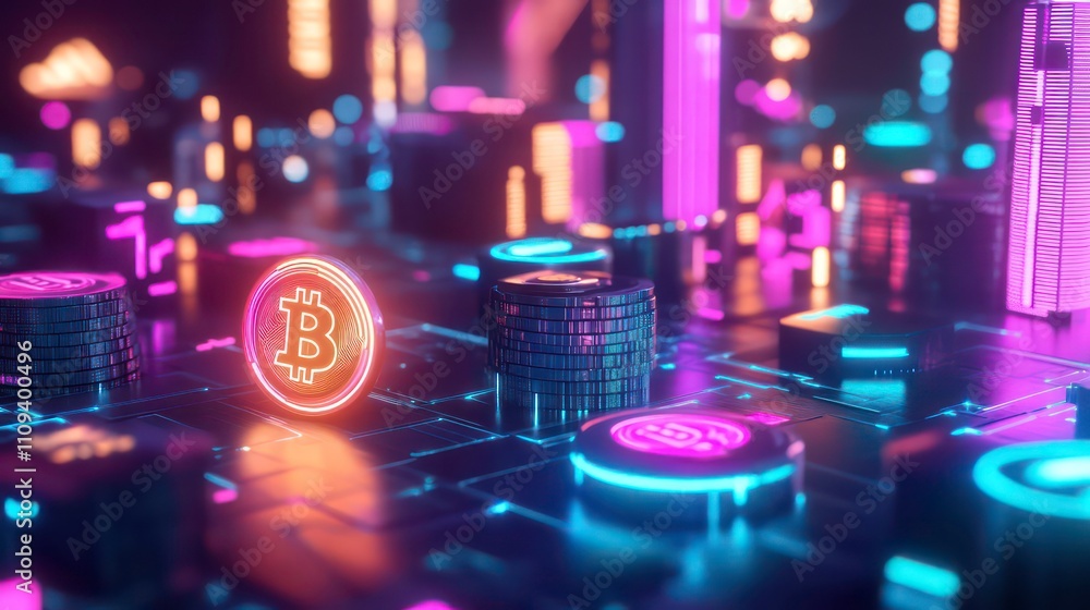 Aufkleber neon bitcoin cryptocurrency digital currency on futuristic circuit board.