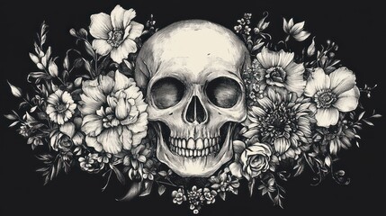 A skull surrounded by intricate floral designs in monochrome.