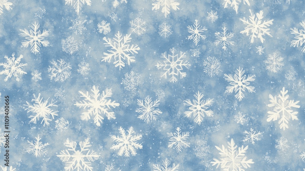 Poster elegant snowflake background showcasing detailed, unique snowflake shapes on a frosty blue-and-white