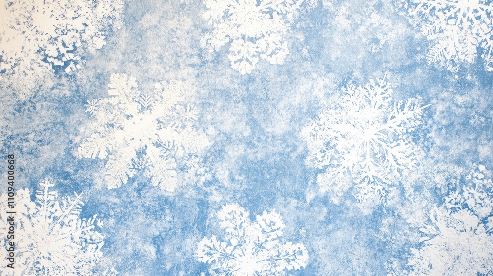 Poster elegant snowflake background showcasing detailed, unique snowflake shapes on a frosty blue-and-white
