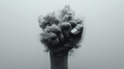 A gripping depiction of a fist penetrating a dense, smoky texture, exuding power and intensity. The abstract design conveys raw emotion and dynamic energy. AI generated.