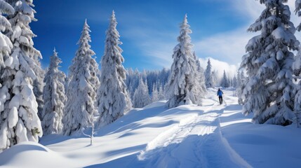 Obraz premium Winter hiking in the mountains on snowshoes with a backpack and tent.