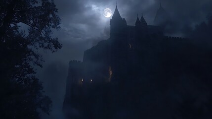 Naklejka premium Mysterious castle silhouetted against a full moon and foggy night sky.