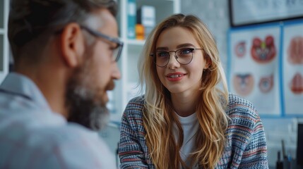Obraz premium A woman is engaged in a conversation with a man, both wearing glasses, in a professional setting adorned with educational charts.