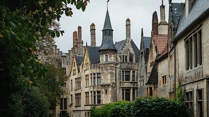 Row of charming, historic buildings. Stone architecture and intricate details.