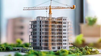 Modern building model with crane, showcasing urban development.
