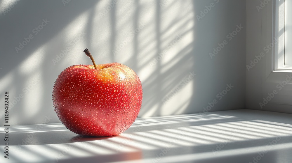 Poster fresh red apple with water droplets on white surface enhanced by soft natural light and shadows from