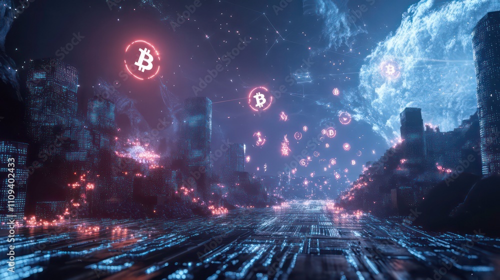 Poster futuristic cityscape with glowing bitcoin symbols and digital data streams.