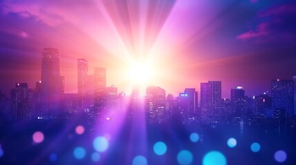 Vibrant city skyline at sunset, bathed in purple and pink hues.