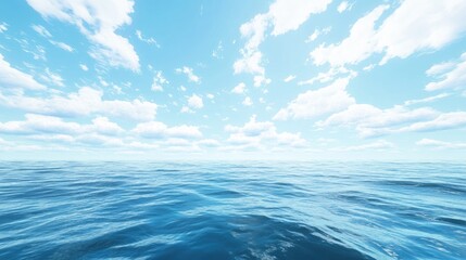Ocean and sky blending at the horizon, under a bright blue sky dotted with light clouds